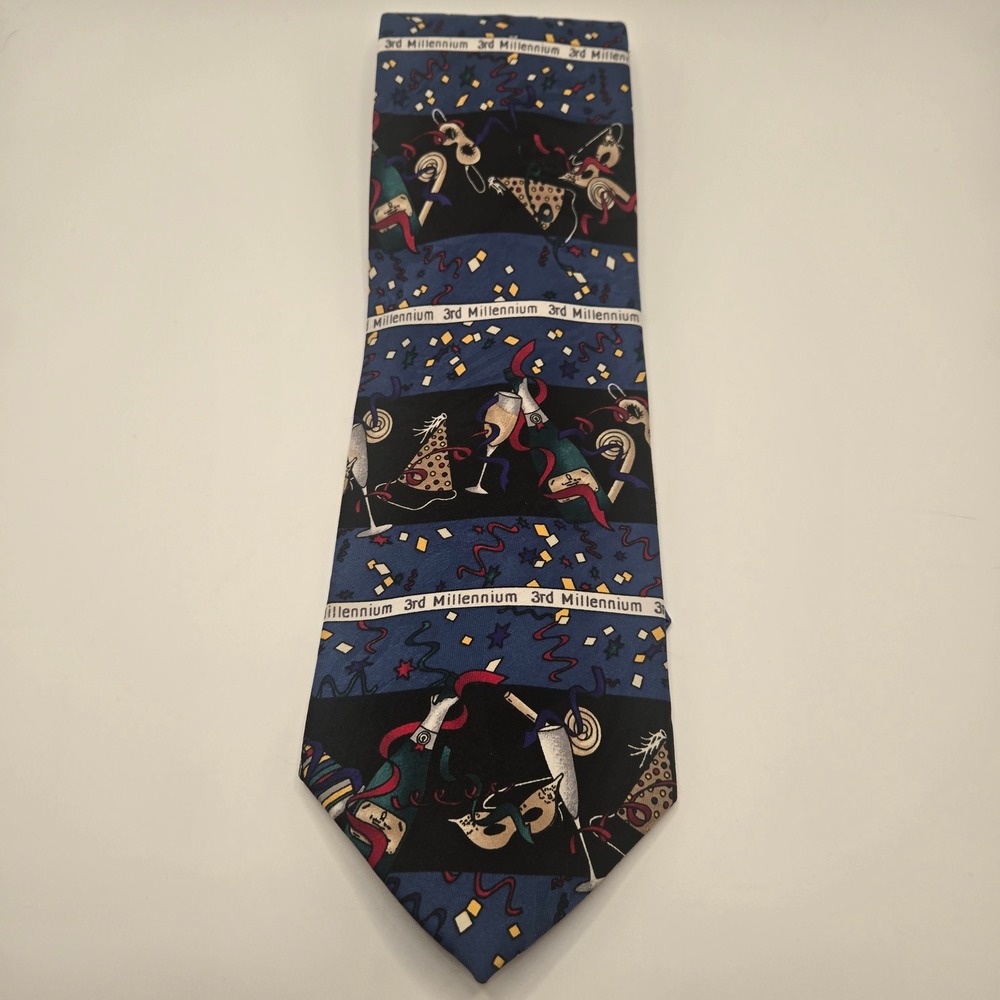 3rd Millennium Necktie Mens OS Blue New Years Eve Y2K Party Champagne Novelty